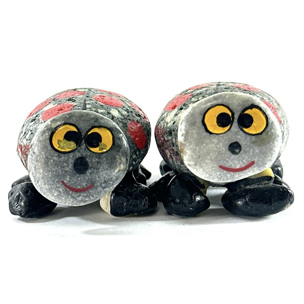 Hand Painted Stone Ladybug Figurines Set of 2 Folk Art Garden Decor 2” - Picture 4 of 8